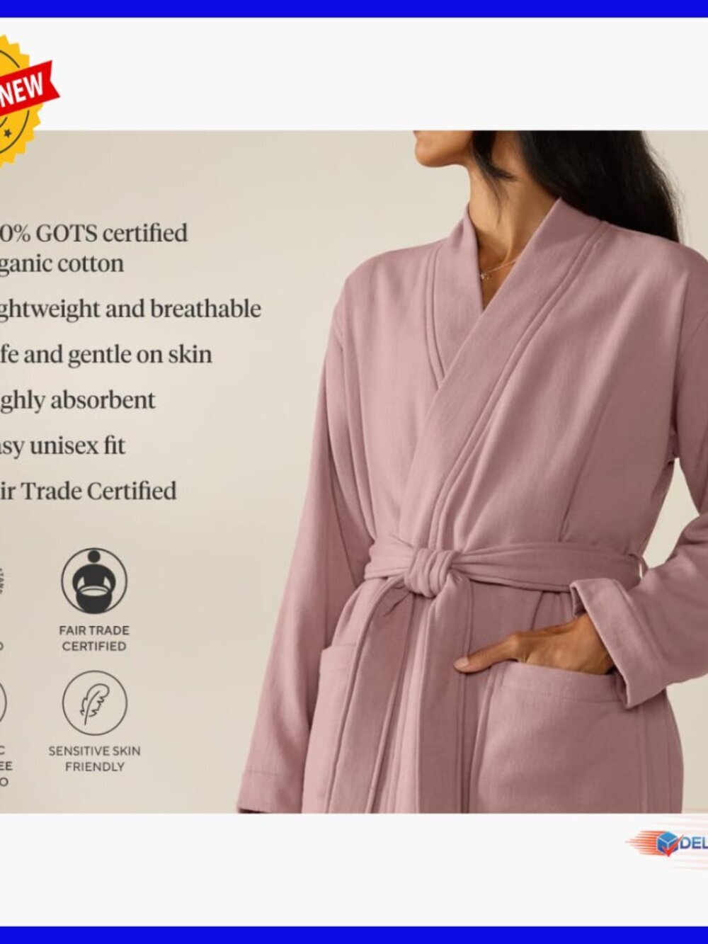 Lightweight Terry Robe Organic Cotton Unisex Bathrobe Adjustable Belt - Picture 2 of 7